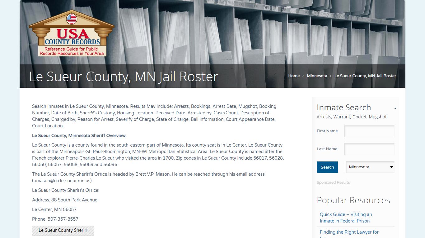 Le Sueur County, MN Jail Roster | Name Search - USA County Records